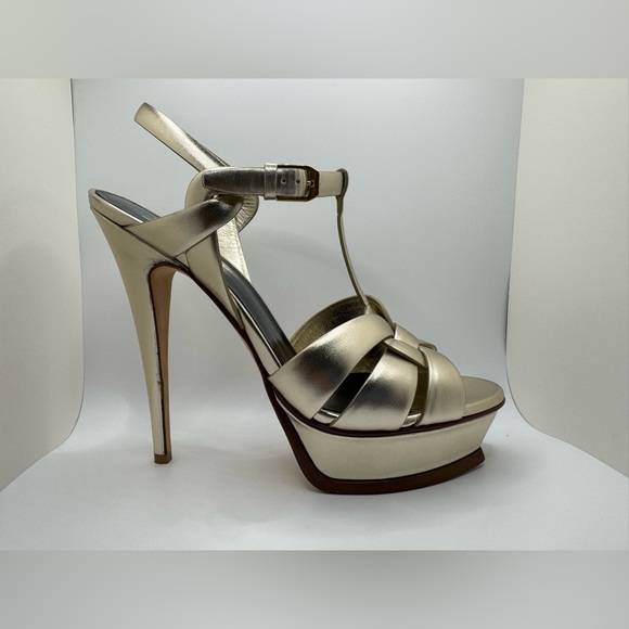 Saint Laurent Tribute Sandals in Metallic Leather Platino Size 39 Worn Once! - Picture 5 of 9